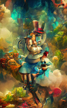 Wall Art Paining In Oil Mixed Style, Stock, Contemporary Impressionism Artwork For Sale, Vibrant Abstract Art, Colorful Brush Strokes, Print For Interior. Alice In Wonderland Artwork Theme, Madness