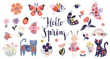 Hello Spring Collection With Decorative Elements, Folk Style, Seasonal Floral Design