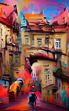 Wall Art Paining In Oil Mixed Style, Stock, Contemporary Impressionism Artwork For Sale, Vibrant Abstract Art, Colorful Brush Strokes, Print For Interior. European City Old Street And Houses, Tourism