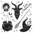 Magic set black phillip goat, crystal ball, cauldron, broom and pointy hat hand drawn art isolated. Antique style boho chic sticker, patch, blackwork flash tattoo or print design vector illustration