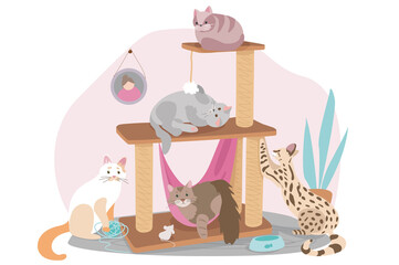 Wall Mural - Cute pets sitting concept background. Cats are sitting on couch in living room, relaxing or playing in cozy room. Domestic animals care. Vector illustration in flat cartoon design