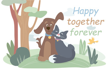 Wall Mural - Happy together forever concept background. Cute friendly animals together. Happy dog and cat sitting side by side in park. Friends pets pastime outdoors. Vector illustration in flat cartoon design