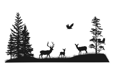 Wall Mural - Set of silhouettes of trees and wild forest animals. Deer, fawn, doe, owl, bird of pray. Black and white hand drawn illustration. 