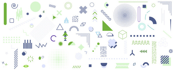 Set of lots of vector geometric shapes. Memphis trendy graphic elements. Template for your project, advertising, banner, poster, t-shirt.