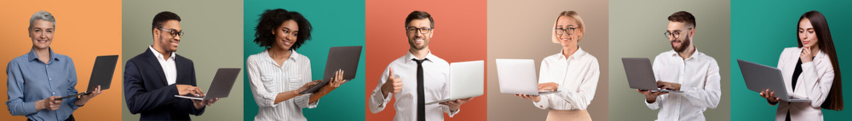 Poster - Modern technologies concept. Set of multiethnic businesspeople with laptops posing over colorful studio backgrounds