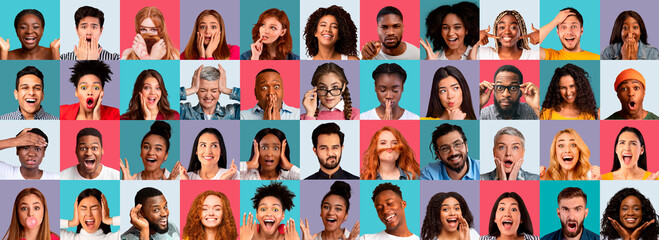 Poster - Men and women posing on studio backgrounds, showing different emotions