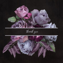 Wall Mural - Floral card with copy space. Vintage purple roses on dark textured grange background. Bouquet of garden flowers.