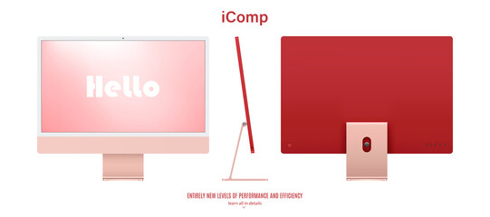 Poster - computer monitor pink color with colored screen saver front, back and side view isolated on white background. realistic and detailed mockup of display for system unit. stock vector illustration