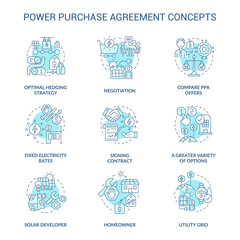 Wall Mural - Power purchase agreement turquoise concept icons set. Electrical energy selling. Business relationship idea thin line color illustrations. Isolated symbols. Roboto-Medium, Myriad Pro-Bold fonts used