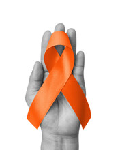 Orange Ribbon Isolated On White Background (clipping Path) Awareness On Leukemia, Kidney Cancer, Multiple Sclerosis, Lupus, ADHD Illness, Self-injury And Animal Abuse