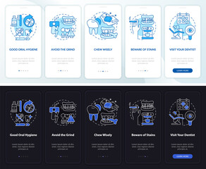 Canvas Print - Veneers maintenance night and day mode onboarding mobile app screen. Walkthrough 5 steps graphic instructions pages with linear concepts. UI, UX, GUI template. Myriad Pro-Bold, Regular fonts used