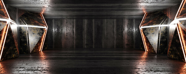 Poster - empty dark metal and concrete basement with futuristic red and white laser light 3d render illustrat
