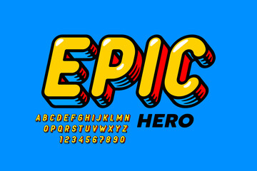 Poster - epic hero comic book style font disign, alphabet letters and numbers vector illustration