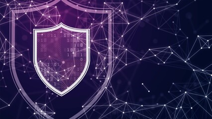 Poster - Vector neon background with digital shield. Texture of connected network lines. Information security design, protection, antivirus. Glowing dots, stars. Poster for technology, medicine, websites.