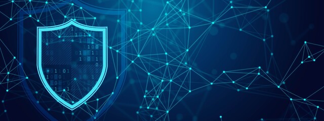 Poster - Vector neon background with digital shield. Texture of connected network lines. Information security design, protection, antivirus. Glowing dots, stars. Poster for technology, medicine, websites.