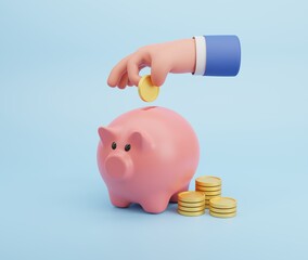 Wall Mural - 3D illustration, Hand putting a coin to piggy bank