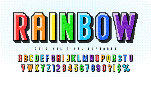 Pixel vector alphabet design, stylized like in 8-bit games.