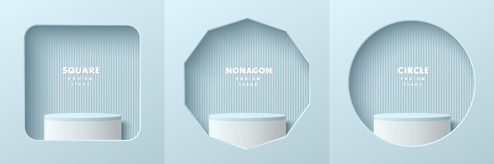 Wall Mural - set of white realistic 3d cylinder pedestal podium in square, nonagon and circle window on the blue 