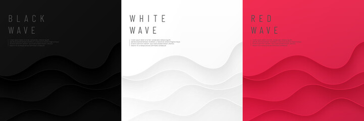 Wall Mural - Set of wavy curve lines layers on black, white and red background. Modern futuristic banner collection design. Design for print ad., cover, web, flyer, card, poster, wallpaper. Vector illustration