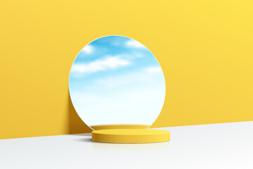 Wall Mural - realistic yellow and white 3d cylinder pedestal podium with cloud blue sky in mirror glass. minimal 