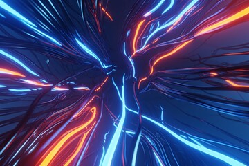 Fototapete - Abstract Red And Blue Glowing Neon Lights Line trails Background 3D rendering