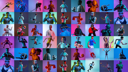 Wall Mural - Portraits of professional athletes of different sports posing, training isolated over multicolored background in neon lights. Collage