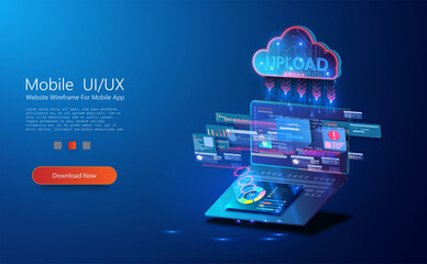 Wall Mural - Cloud digital storage. The concept of the technology of downloading from the cloud to a computer or uploading file on cloud server. Data transfer application. Web banner template. Vector illustration