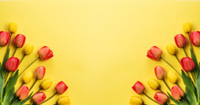 Composition Of Beautiful Flowers Of Tulips On A Yellow Background. Flowers Background.Top View, Copy Space.