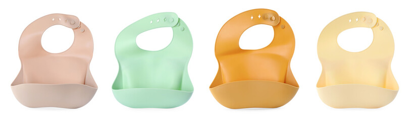 set with different silicone baby bibs on white background, top view. banner design