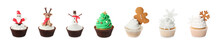 Tasty Cupcakes With Christmas Decor On White Background, Collage. Banner Design