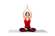 © junky_jess - Beautiful happy woman with haircut and closed eyes sitting in lotus position with namaste gesture overhead and deep breathing, isolated on white.