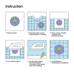 iron on clothing patches. instruction in pictures. how to attach patches with heat seal backing. sch