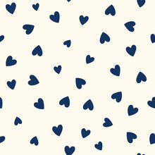 All Over Seamless Vector Repeat Pattern With Ditsy Small Navy Blue Hand Drawn Doodle Hearts Tossed On Cream Background. Simple Cute Valentines Day Background