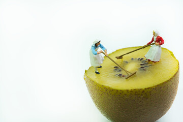 Sticker - farm women with rakes work on half a kiwi to harvest the seed. White background