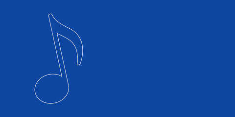 Poster - A large white outline musical note symbol on the left. Designed as thin white lines. Vector illustration on blue background