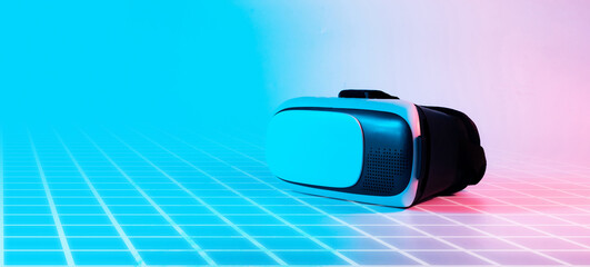 Virtual reality goggles VR. 3d digital glasses on futuristic neon tech background. Augmented reality, science, future technology, robots and people concept. VR.