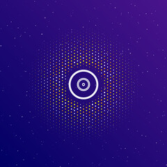 Poster - A large white contour gramophone record symbol in the center, surrounded by small dots. Dots of different colors in the shape of a ball. Vector illustration on dark blue gradient background with stars