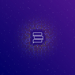 Poster - A large white contour discussion symbol in the center, surrounded by small dots. Dots of different colors in the shape of a ball. Vector illustration on dark blue gradient background with stars