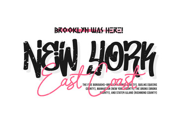 Graffiti t-shirt design. New York t shirt design with spray paint graffiti letters. Slogan t-shirt print with urban graffiti typography. Vector