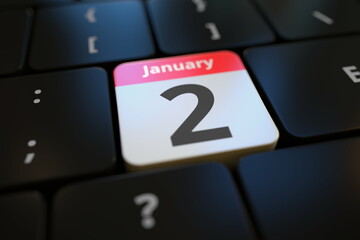 january 2 date on a keyboard key, 3d rendering