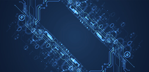 Abstract background on technological and scientific topics. Various techno details with using digital code. Vector format.