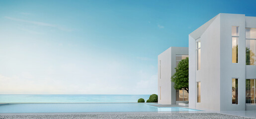 Wall Mural - Sea view.Modern architecture with swimming pool and blue sky.Concept for vacation home or hotel.3d rendering