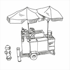 Street food. Hot dog stand hand drawn, vector illustration