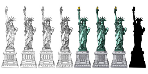 Statue of liberty set in different styles. Illustration of various drawings. Hand drawn line cross hatching, stroke, color, black white sketch and silhouette flat. New York and USA landmark. Vector.