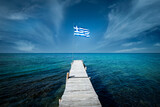 Fototapeta Kuchnia - Greek flag on a beautiful sunny day at the end of a white wooden pier. Corfu Greece