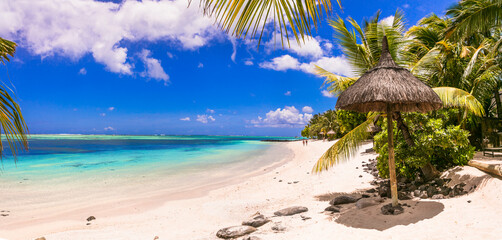 Sticker - Idyllic tropical holidays. Dream beach with turquoise sea, palms and white sand. Mauritius island