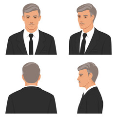 Wall Mural - Face in front view and side view, old man Front, side, back, view animated businessman character. Flat vector illustration.