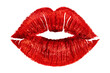 Imprint of red lipstick on a white background, isolated. Makeup female lips close up. Concept of love, makeup and beauty. Sexy red lips on white, kiss. Trace of lipstick.