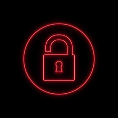 Neon padlock. Glowing unlock circle icon isolated on black.