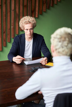 Blond Men During Interview In Office